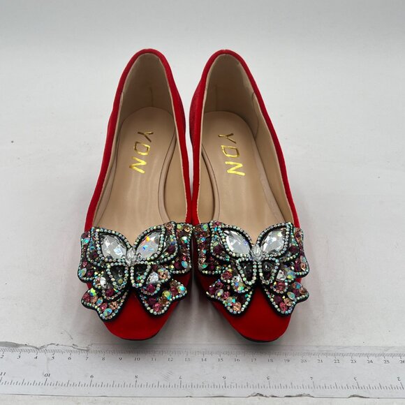 YDN Red Pointed Toe Bow Pump Colorful Rhinestone Block Low Heel Butterfly Shoe - Picture 2 of 7